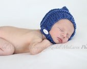 Pixie bonnet baby hat with chin strap and button hand knit dusty blue sapphire australian wool newborn boy photography photo prop