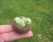 Needle Felted Tiny Green Bird Miniature figurine