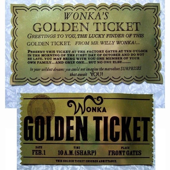 Golden Ticket from Willy Wonka and Charlie and the Chocolate Factory 2 Tickets expertly reproduced