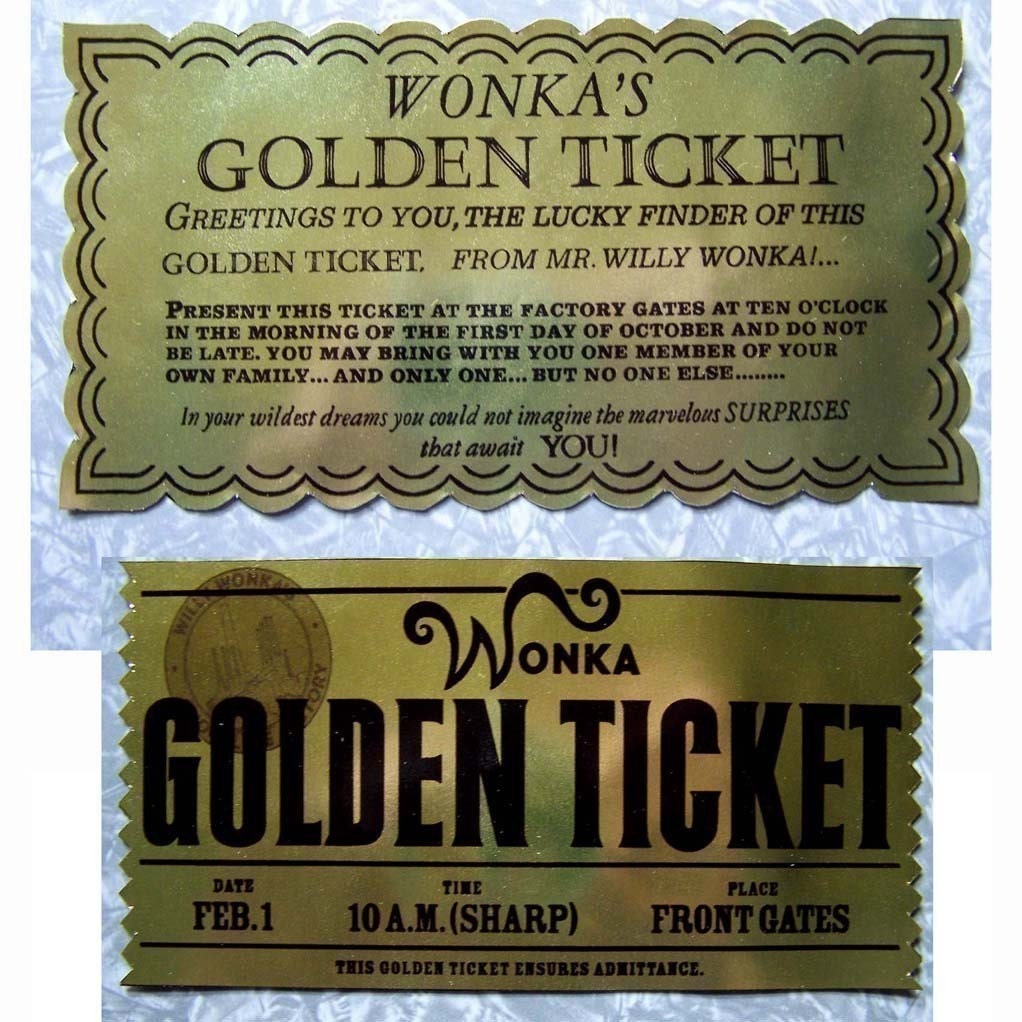Golden Ticket from Willy Wonka and Charlie and the Chocolate Factory 2 Tickets expertly reproduced