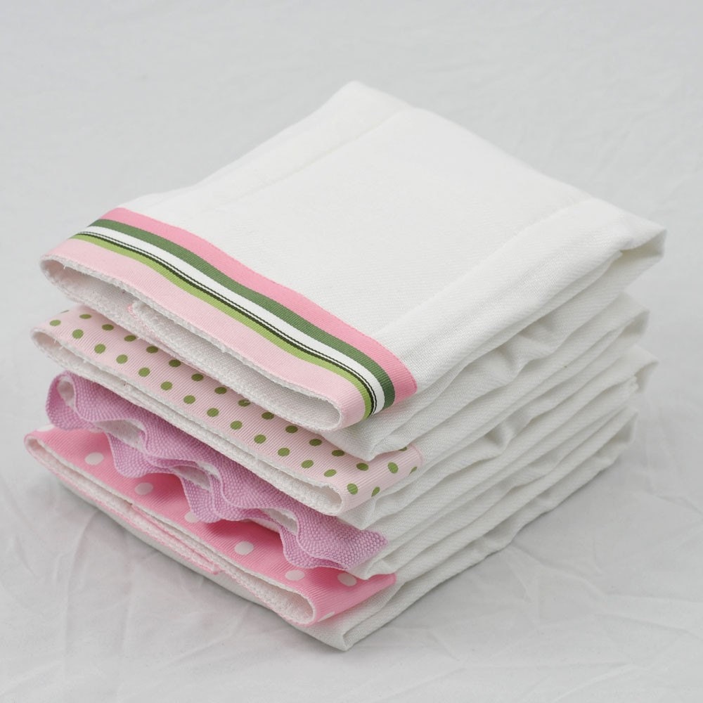 PINK BLOSSOM, Burp Cloth Bundle, newborn gift set of 4 coordinating cloths in pink and sage green for baby GIRL