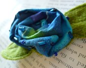fabric brooch - blue fabric, seed and bugle beads and corduroy - priscilla rosette pin