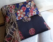 zippered pouch - vintage lace and embroidered black satin - aiko fabric case