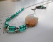 lucite necklace - white crystal and aqua blue lucite beads on silver chain - rain cloud necklace