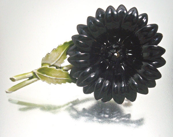 Metal Baked Enamel Black Flower Pin Vintage