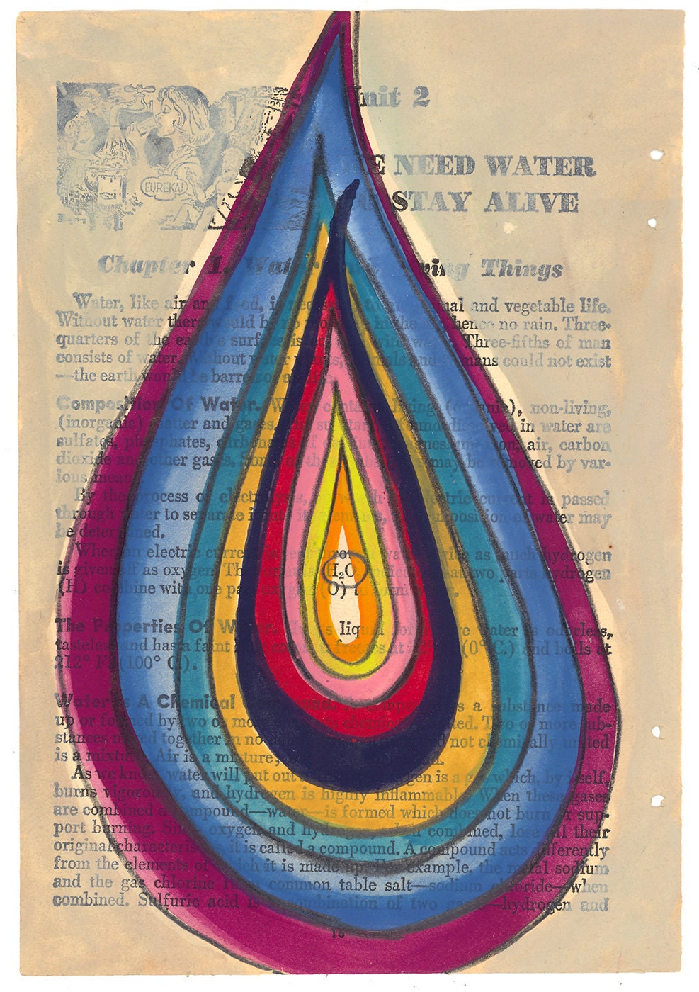 Concentric Drop - Original Gouache Painting on Antique Book Paper