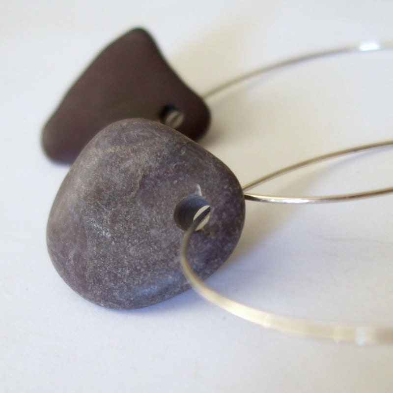 Purple Beach Stones Pebbles Sterling Silver Hoop Earrings