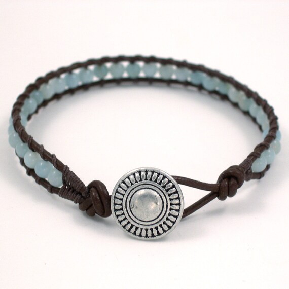 Brown Leather Wrap Bracelet with Amazonite Semi-Precious Beads, Single Wrap Leather