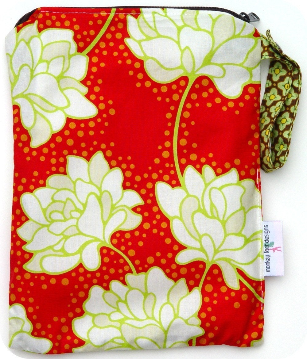 Medium 9 x 12 Wet bag Swim / Diapers / Gym / Pop Garden Red Peonies Fabric /  Sealed Seams and Snap Strap