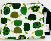 Small 9 x 7 Wet bag / Snack / Swim / Diapers / Kaufman Urban Turtles Fabric / SEALED SEAMS and Snap Strap