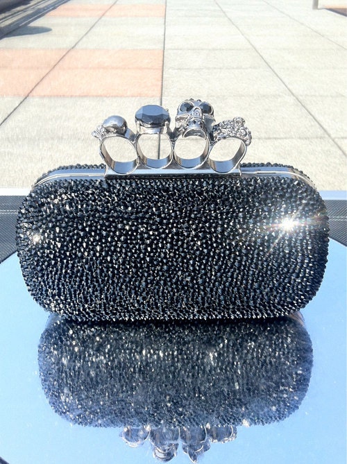 Dirty Addiction Jet Swarovski Rhinestoned Brass Knuckle Clutch