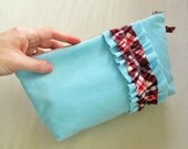 Baby wale Corduroy Wristlet Clutch. Flat bottom.Turquoise & Pink double ruffle purse  -Ready To Ship.