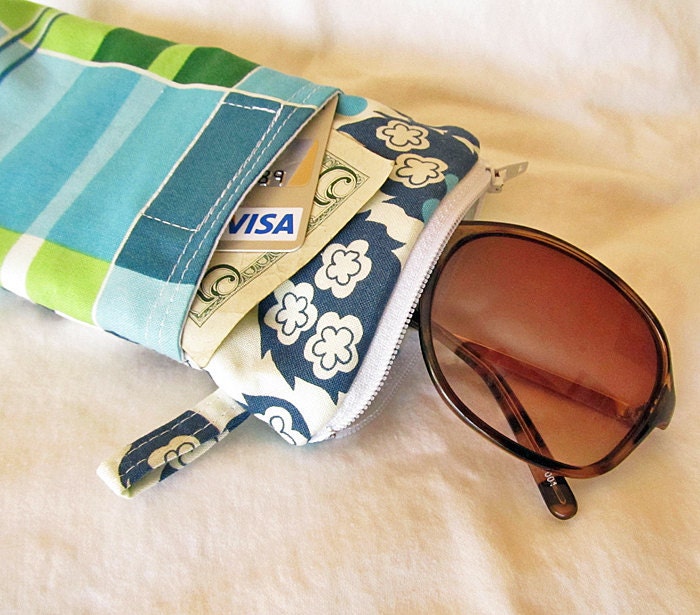 Sunglasses Eyeglass case with Front Pocket, (padded) zipper pouch :  Blue green Plaid smart phone wallet. -Ready to Ship