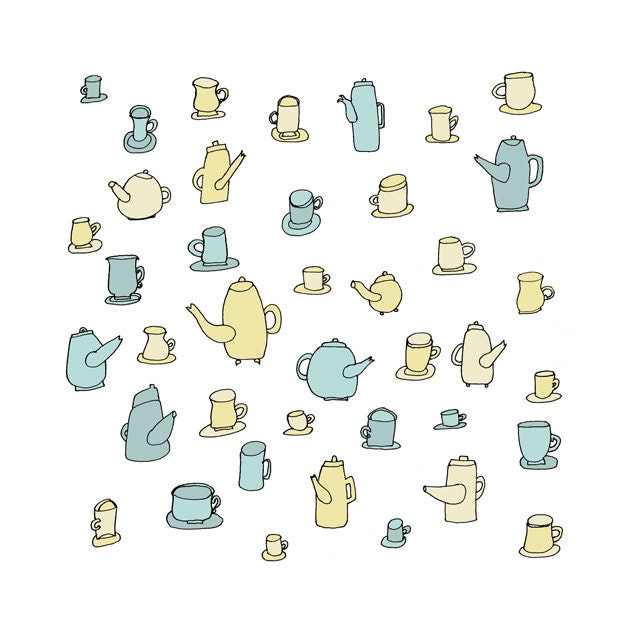 Teapots and Saucers 5x5 Quirky Illustration Print