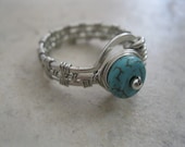 Controlled Chaos Silver Zebra Wire Wire-Wrapped Ring with Turquoise Colored Rondelle