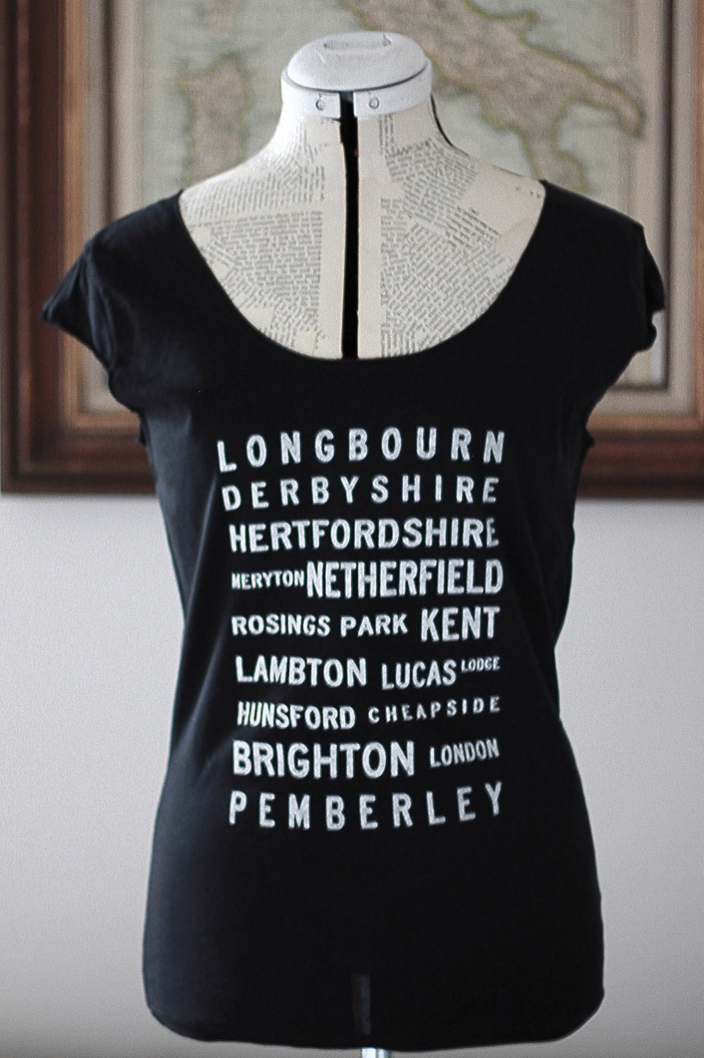 Pride and Prejudice Locations Typography t shirt- S. M. L. XL - Jane Austen