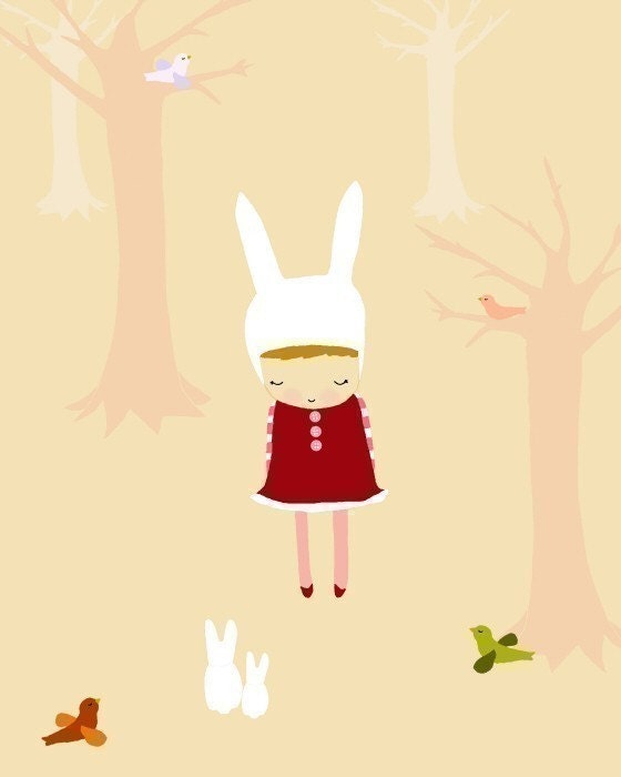 illustration print, drawing, digital art, little girl, kids room, kids art, nursery art, red, pink, forest, fairy tale - ONCE UPON A TIME