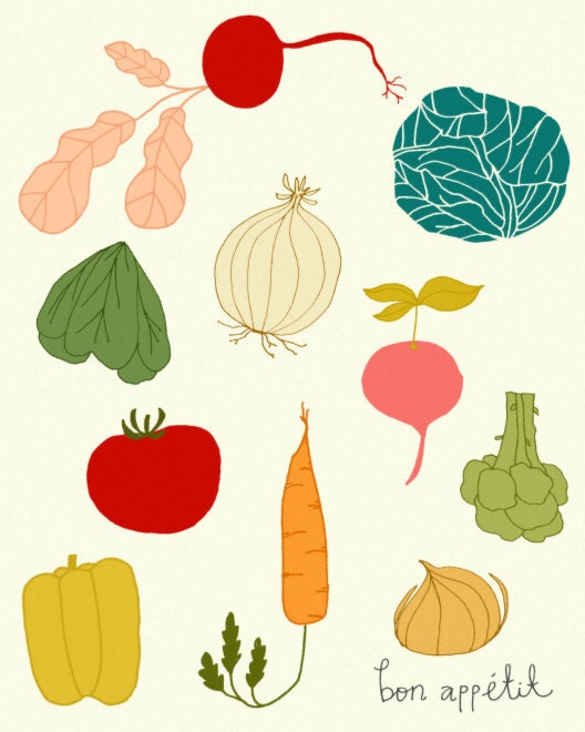 kitchen print, kitchen poster, chef, food, drawing, kitchen wall art, mid century, cute illustration, vegetables - BON APPETIT