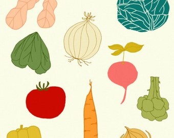 kitchen print, kitchen poster, chef, food, drawing, kitchen wall art, mid century, cute illustration, vegetables - BON APPETIT