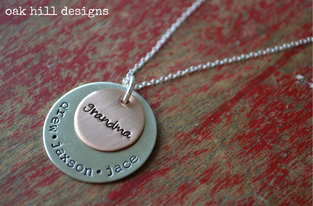 personalized hand stamped necklace-custom silver jewelry-mixed metal grandma
