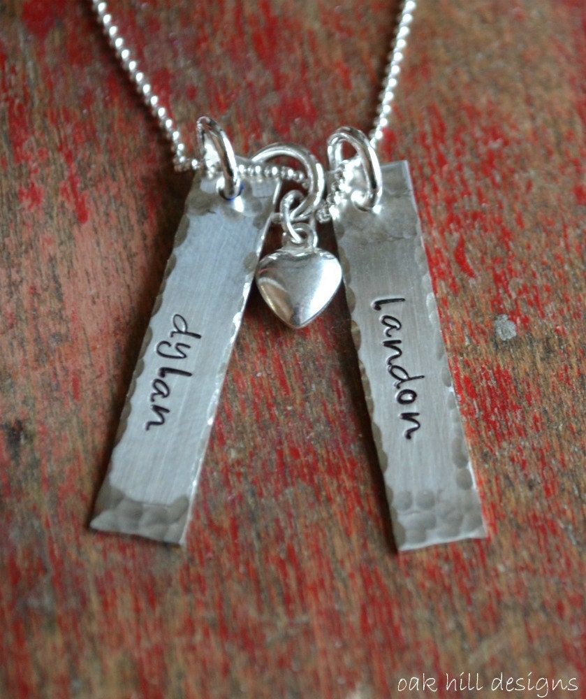Hand stamped mommy necklace-double tags with heart charm