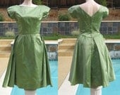 SALE Vintage 60s Green Satin Evening Dress with Peplum Overskirt B34