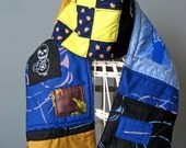 The Happy Skeleton Silkscreened and Quilted Patchwork Scarf in Yellow Mustards and Blues
