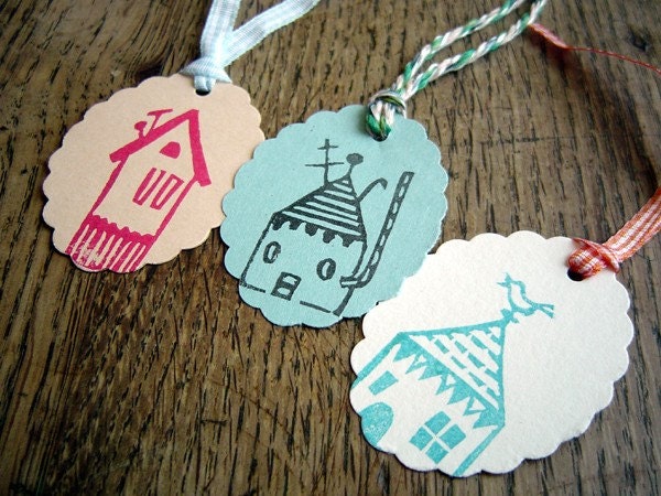little houses- set of 3 handprinted gift tags