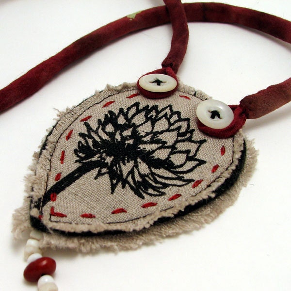 Original fiber art clover flower necklace with lucky bean
