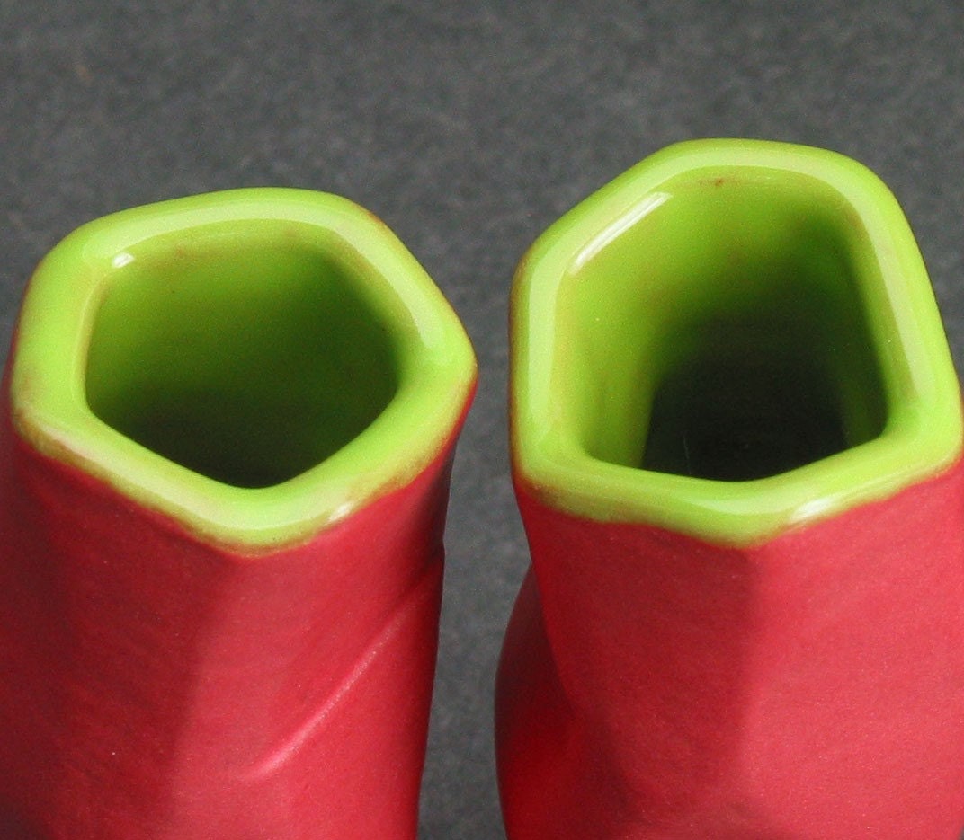 set of two tall angular kiwi green and red shot glasses