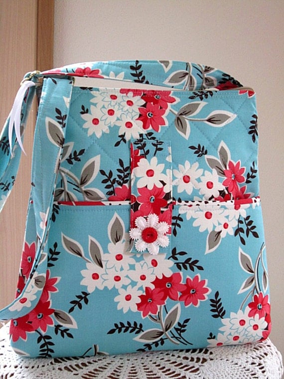 Hipster Ereader Zipper Case Purse  Bag with Adjustable Shoulder Strap Flea Market Bouquet in Turquoise