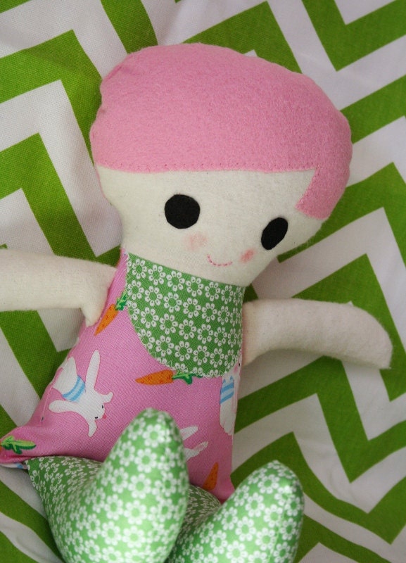 SALE Pink Easter Bunnies Funky Fabric Rag Doll