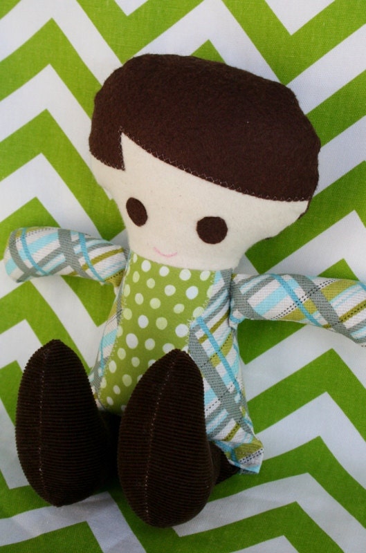 SALE Boy Funky Fabric Rag Doll, Plaid and Polka Dots