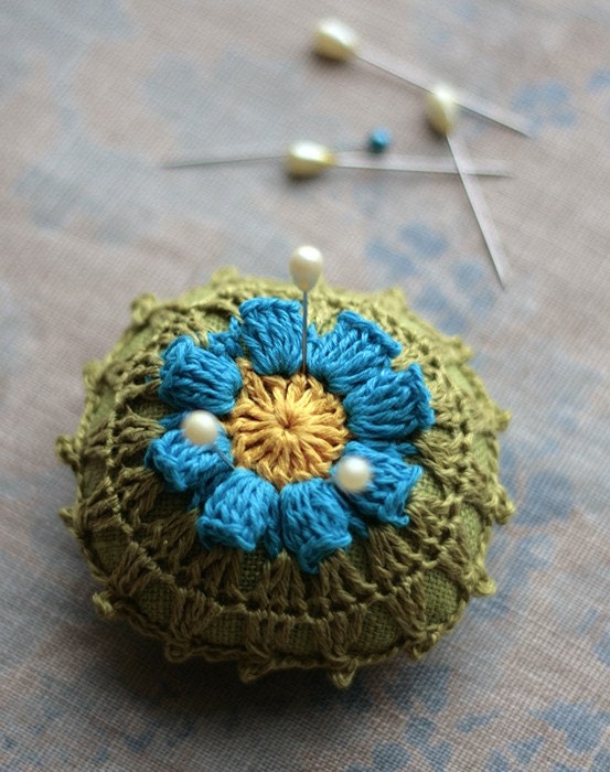 Linen  pincushion - crochet motif