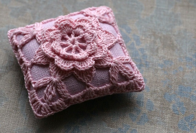 Linen  pincushion - crochet motif