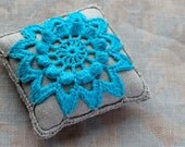 Linen  pincushion - crochet motif -- turquoise