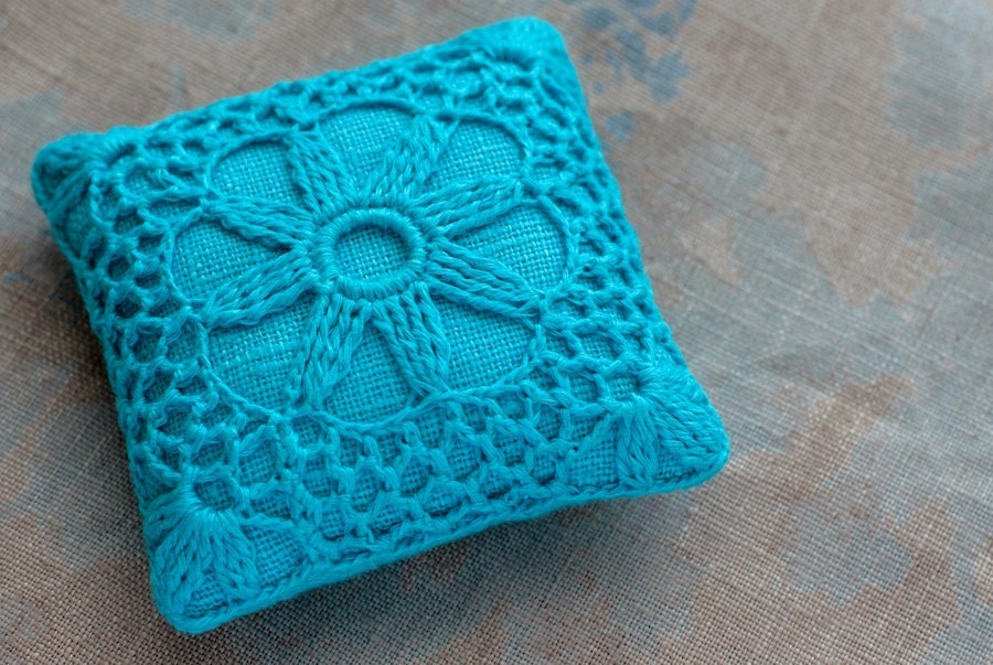 Linen  pincushion - crochet motif
