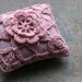 Linen  pincushion - crochet motif