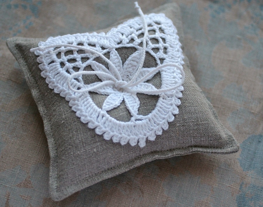 Linen Ring Bearer Pillow in Natural with Hand Crocheted Heart