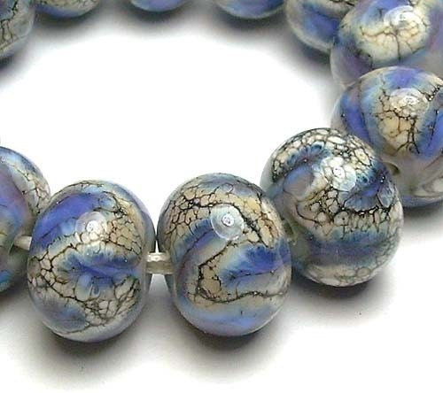 Handmade Lampwork Glass Beads in Silvered Ivory Waves on Ink Blue set of 13 - Silvered Ink Blue