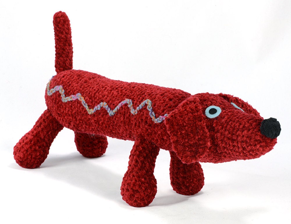 denny - red chenille crocheted dachshund plush dog softie