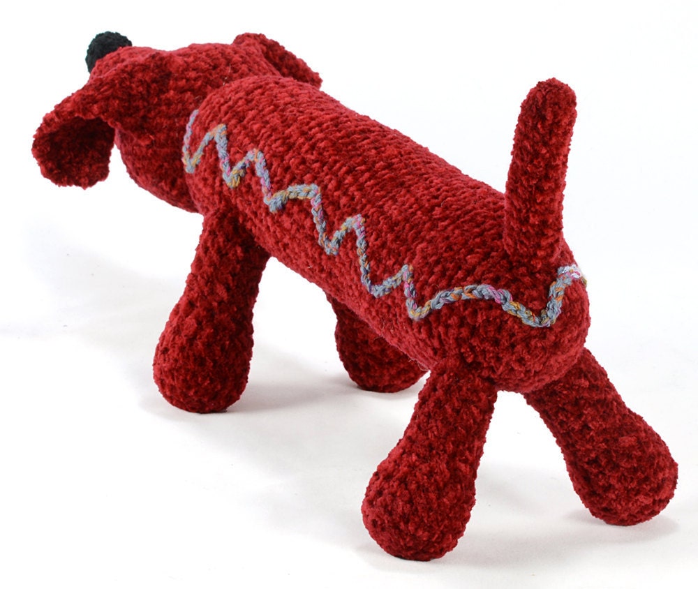 denny - red chenille crocheted dachshund plush dog softie