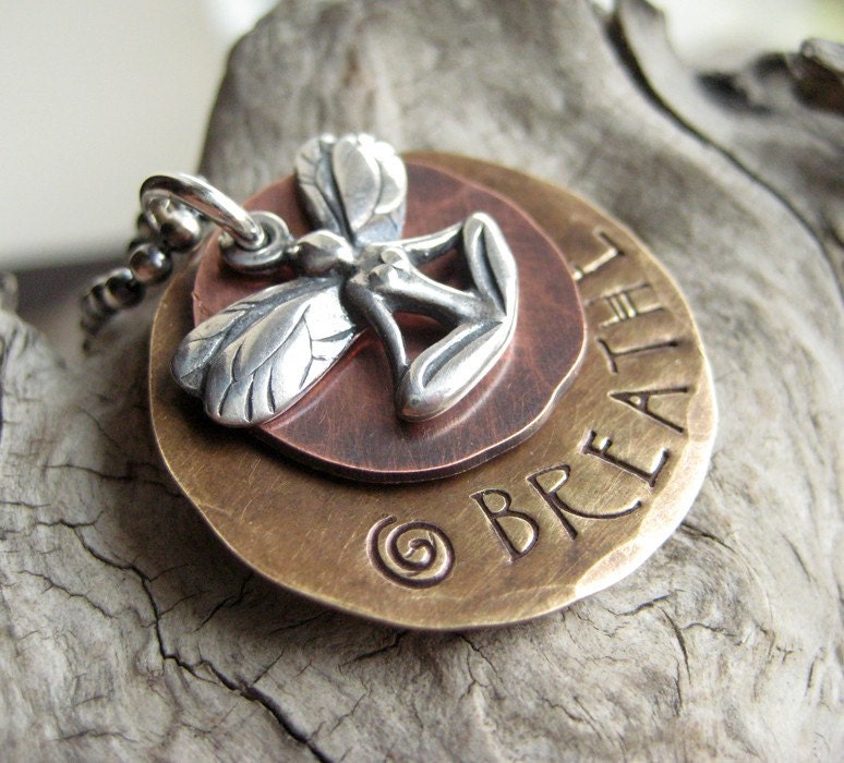Necklace BREATHE Yoga Faerie Sterling Silver Metal Stamped