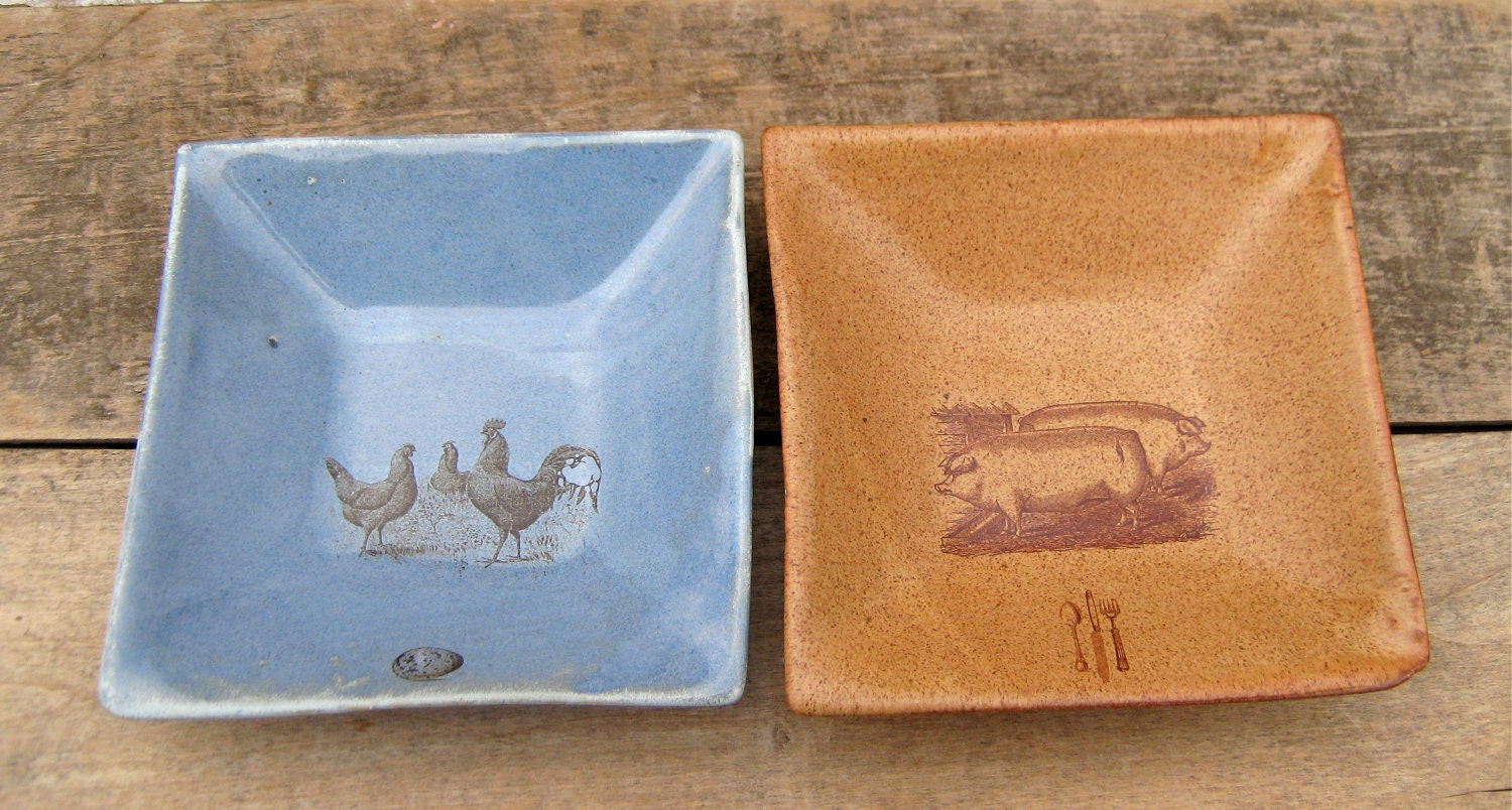 Two Square Plates With Farm Animals Chickens and Pigs Discounted Second