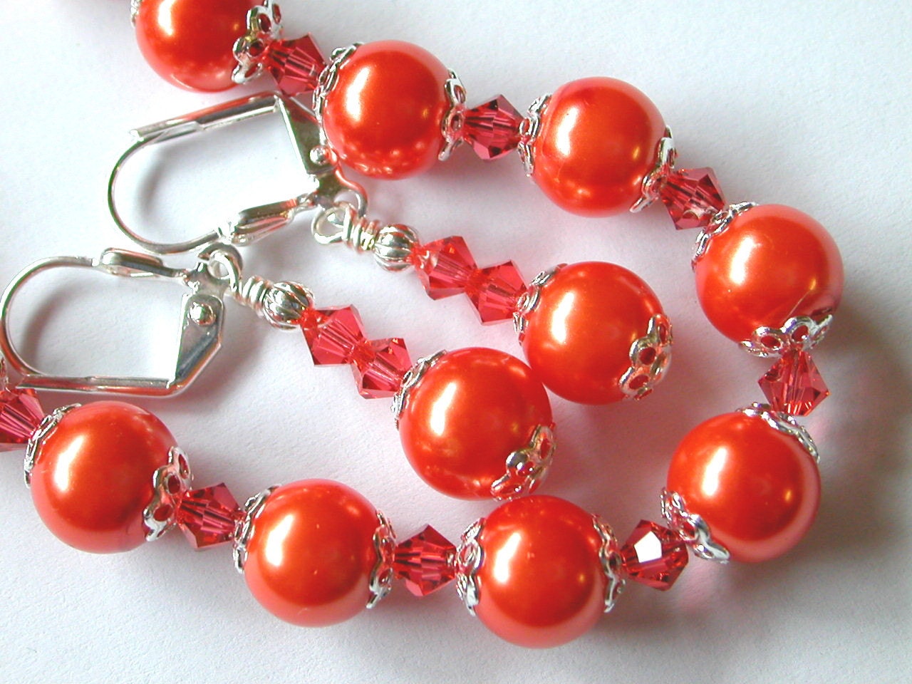 Orange Bracelet and Earrings Orange Pearl Bracelet Swarovski Crystal Silver