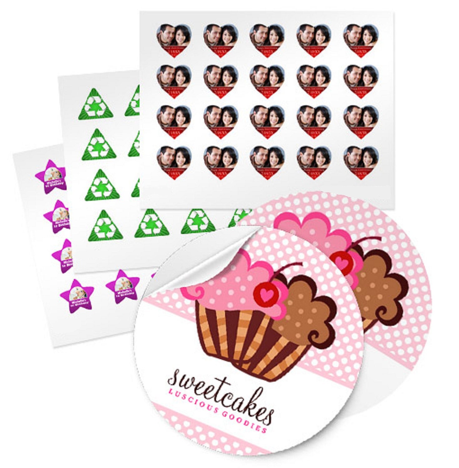 60 - 1.5 Inch Custom GLOSSY Stickers - your choice of Round, Square, Star, Heart, Triangle