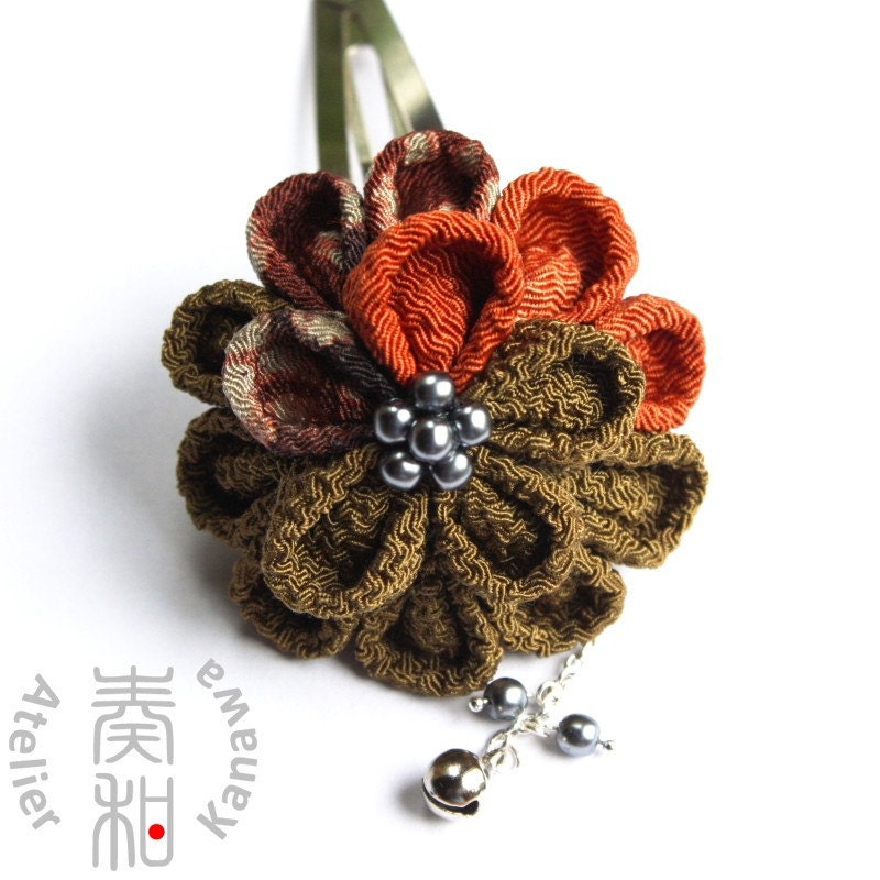 Miniature Hankusu (Half Decoration Ball) Tsumami Tama Kanzashi with Dangling Bell Pearls