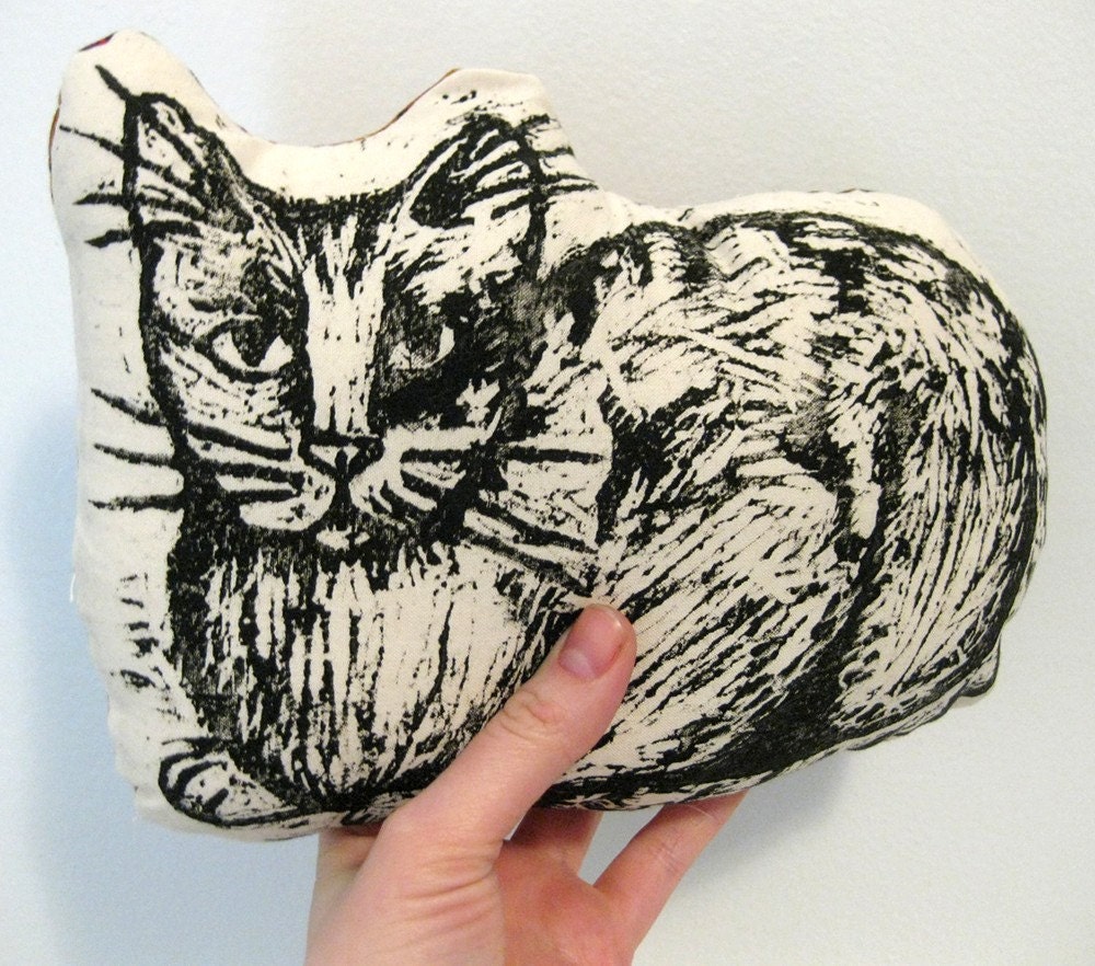 Cat Pillow - block printed with purple, orange and green leaf backing