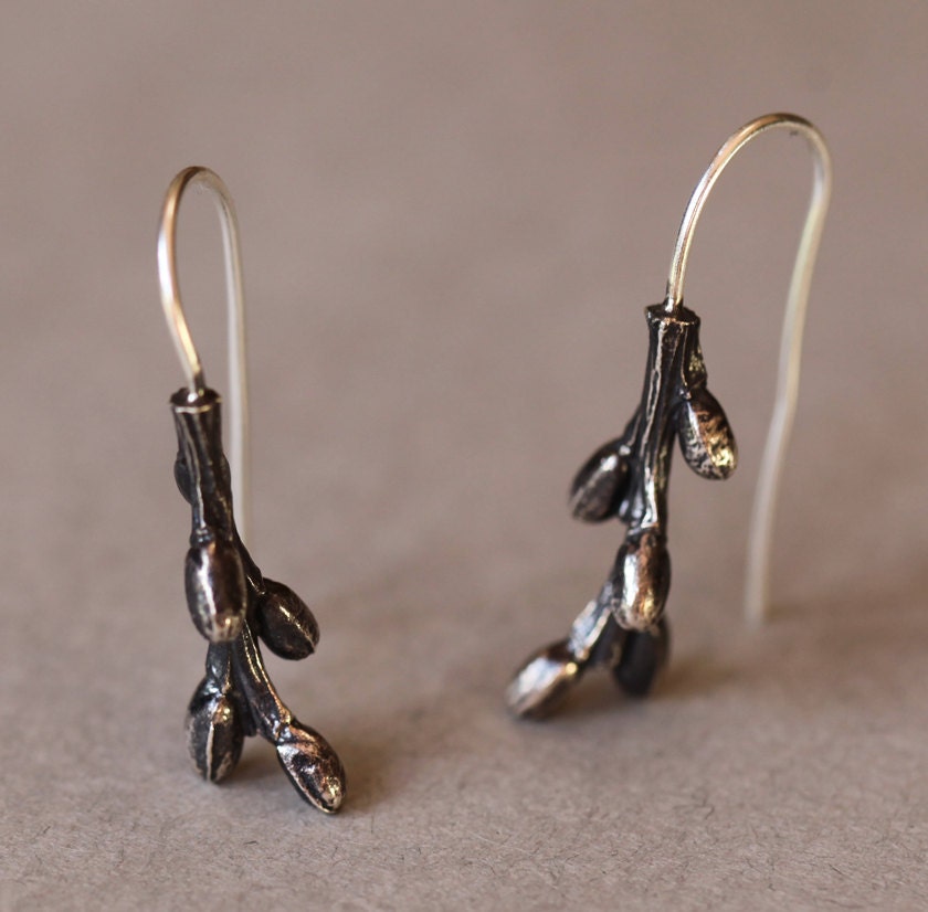 Willow twig earrings, blackened, budding twig jewelry