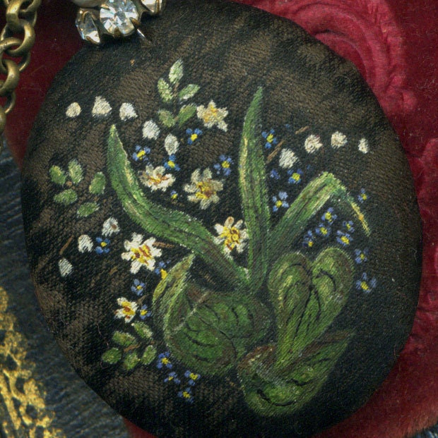 Art Of Mourning--- An Antique Assemblage Necklace with Hand Painted Flowers Mourning Pendant